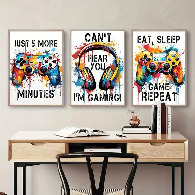 DecorBites™ Gamer Room Decor Set - Graffiti Gamepad Canvas Prints