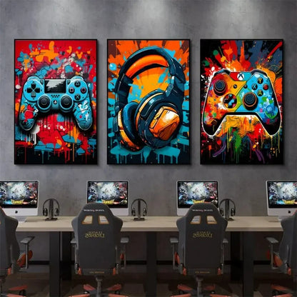 DecorBites™ Gamer Room Decor Set - Graffiti Gamepad Canvas Prints