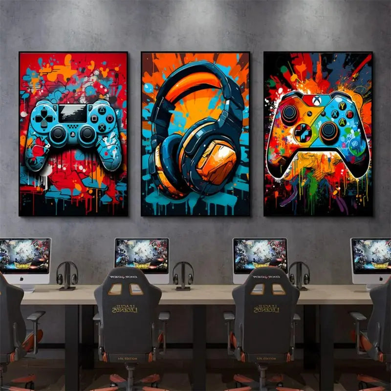 DecorBites™ Gamer Room Decor Set - Graffiti Gamepad Canvas Prints