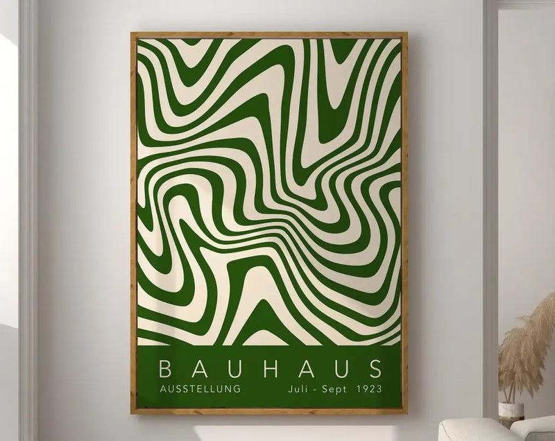 Bauhaus green & cream geometric canvas wall art living room wood frame