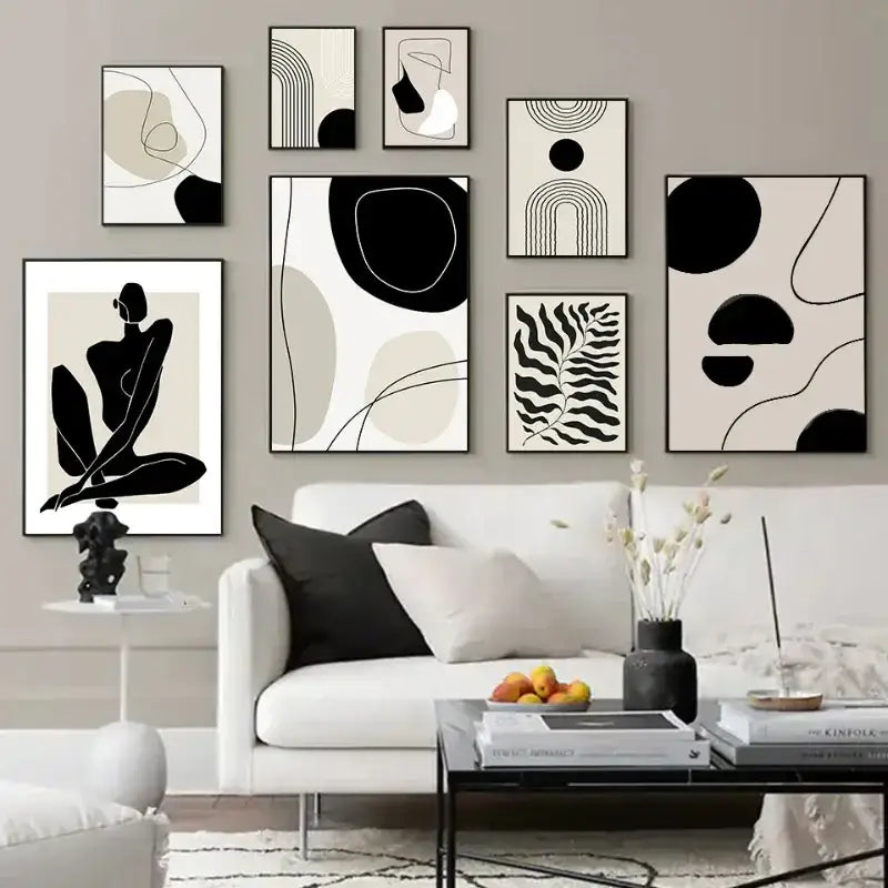 Minimalist geometric leaf boho canvas set – living room wall art