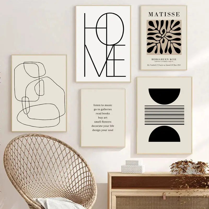 Minimalist geometric leaf boho canvas set – living room wall art