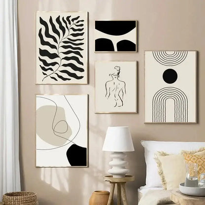 Minimalist geometric leaf boho canvas set – living room wall art