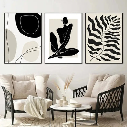 Minimalist geometric leaf boho canvas set – living room wall art