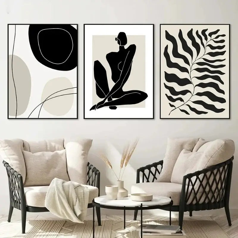Minimalist geometric leaf boho canvas set – living room wall art