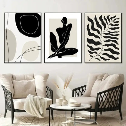 Minimalist geometric leaf boho canvas set – living room wall art