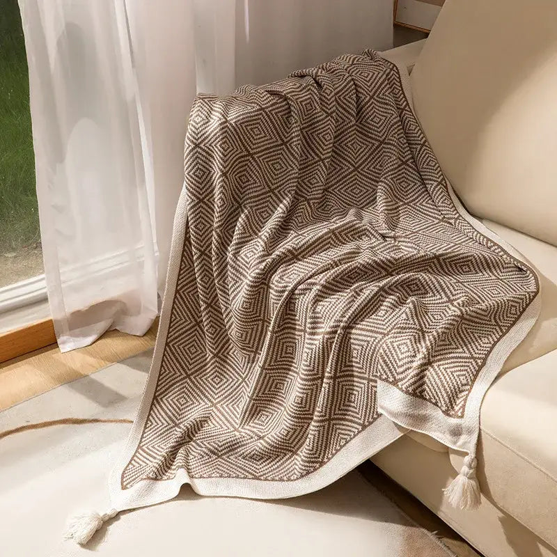 geometric tassel blanket black & cream living room throw