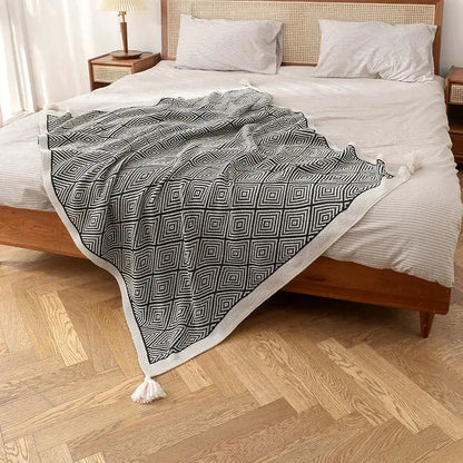 geometric tassel blanket black & cream living room throw