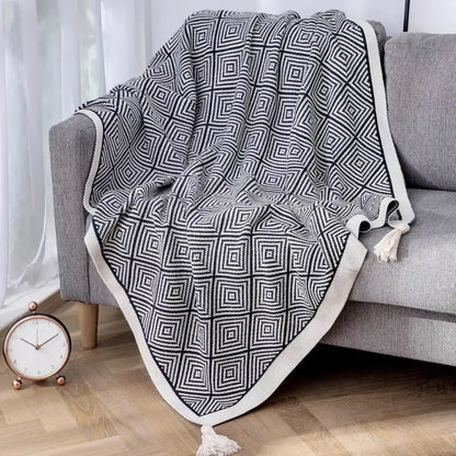 geometric tassel blanket black & cream living room throw
