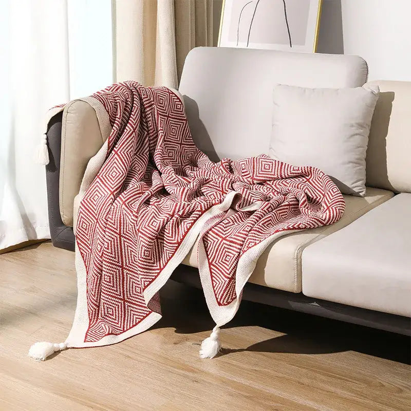 geometric tassel blanket black & cream living room throw