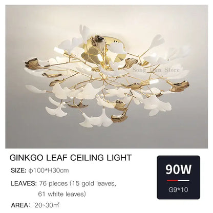 Decorbites ginkgo leaf gold floral ceiling light – bedroom art decor