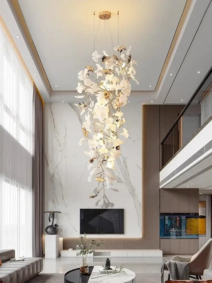 Luxury white & gold ginkgo leaf chandelier for staircase and lobby