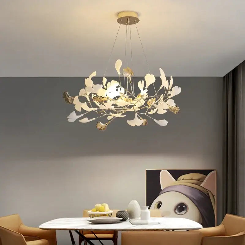 Gold and white ginkgo leaf chandelier for dining room