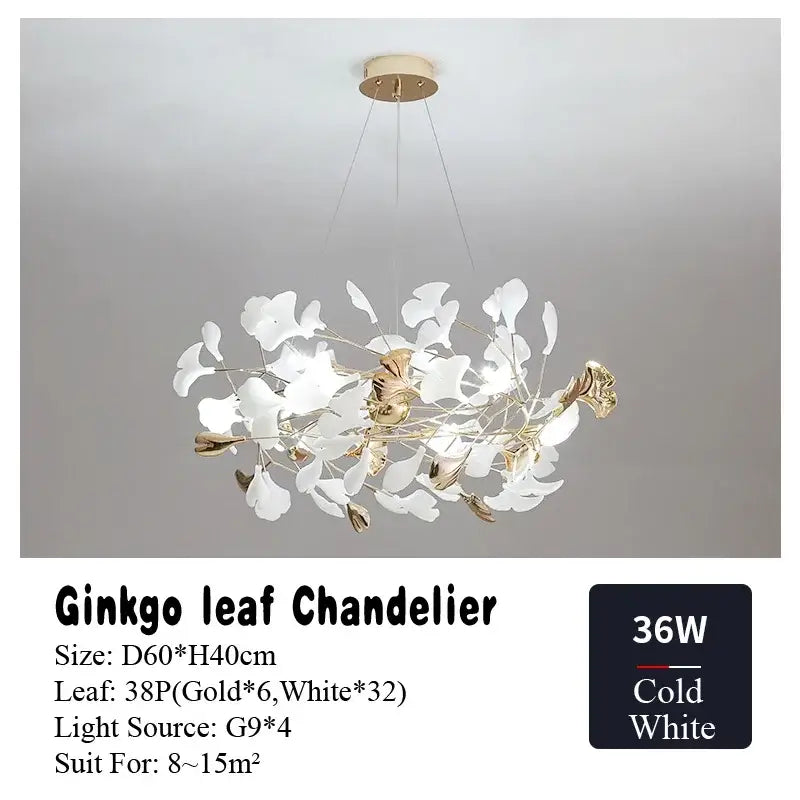 Gold and white ginkgo leaf chandelier for dining room