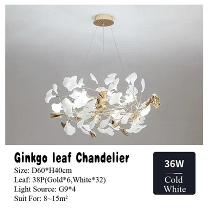 Gold and white ginkgo leaf chandelier for dining room
