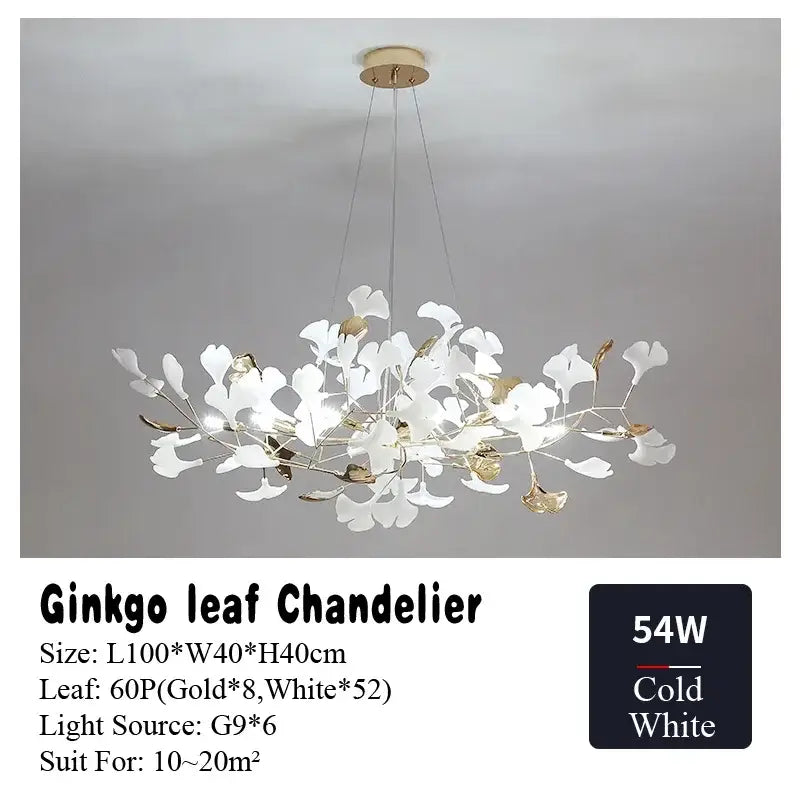 Gold and white ginkgo leaf chandelier for dining room