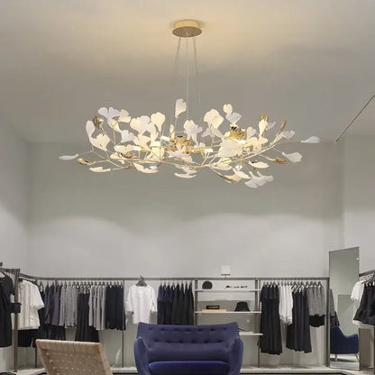 Gold and white ginkgo leaf chandelier for dining room