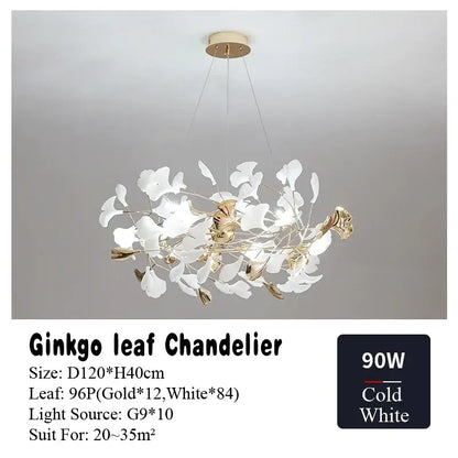 Gold and white ginkgo leaf chandelier for dining room