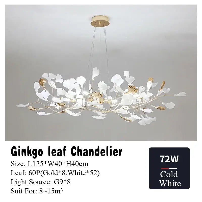 Gold and white ginkgo leaf chandelier for dining room