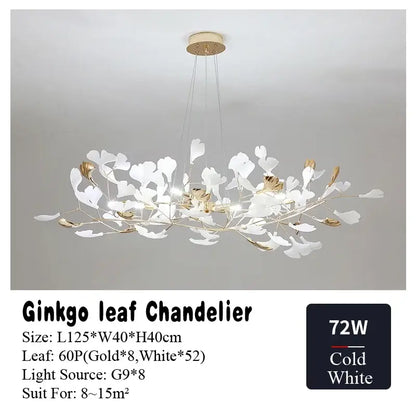 Gold and white ginkgo leaf chandelier for dining room