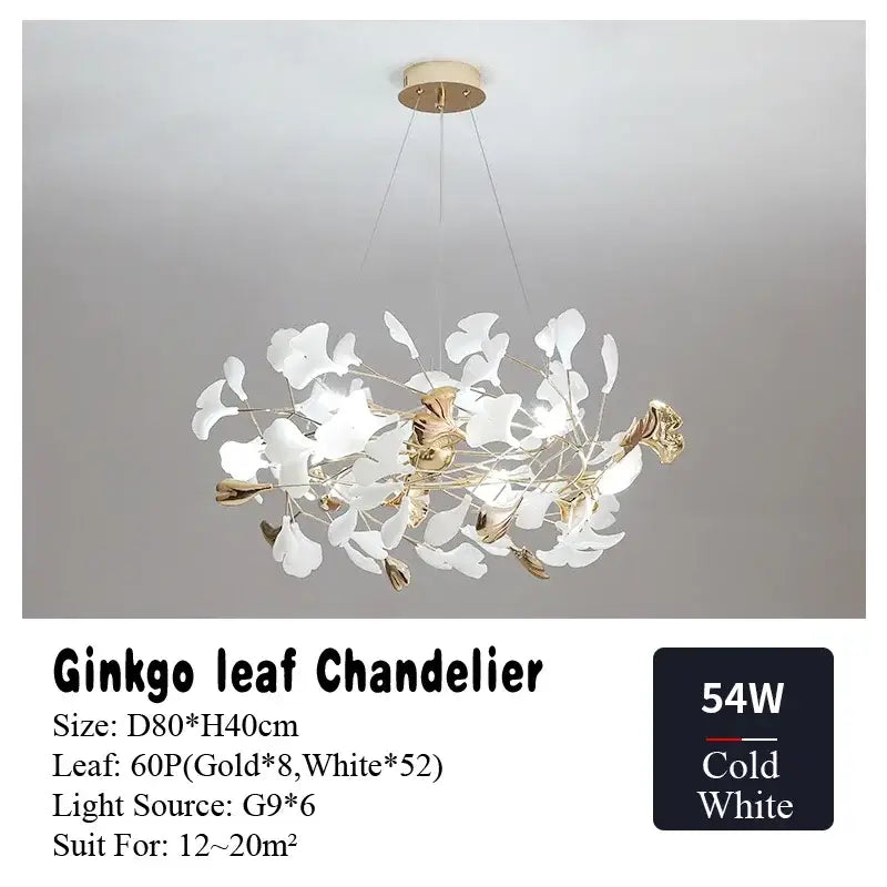Gold and white ginkgo leaf chandelier for dining room