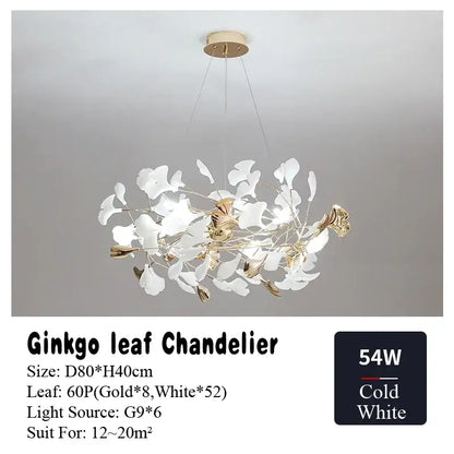 Gold and white ginkgo leaf chandelier for dining room