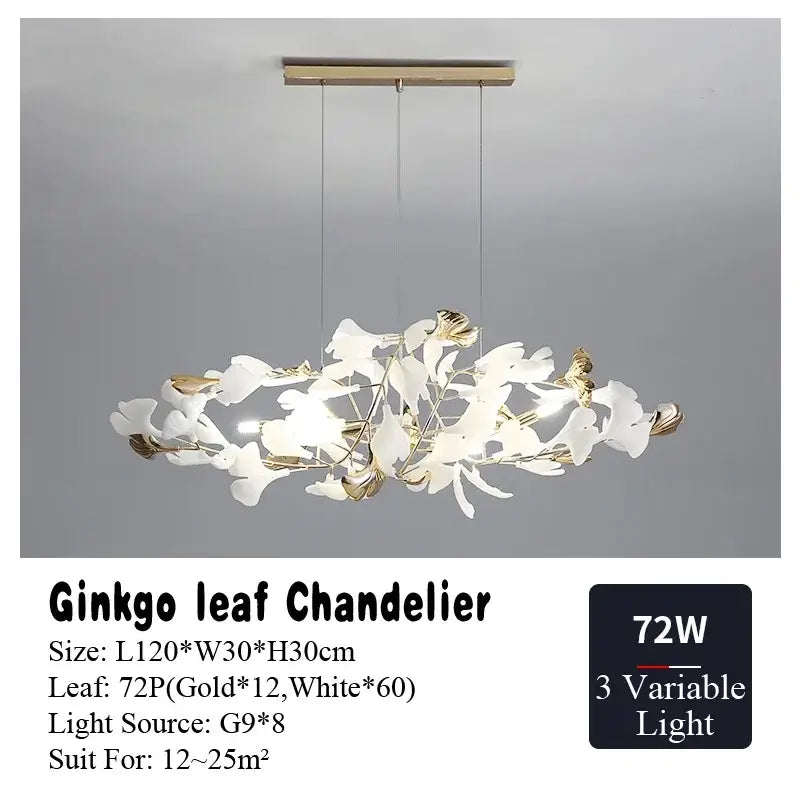 Gold and white ginkgo leaf chandelier for dining room