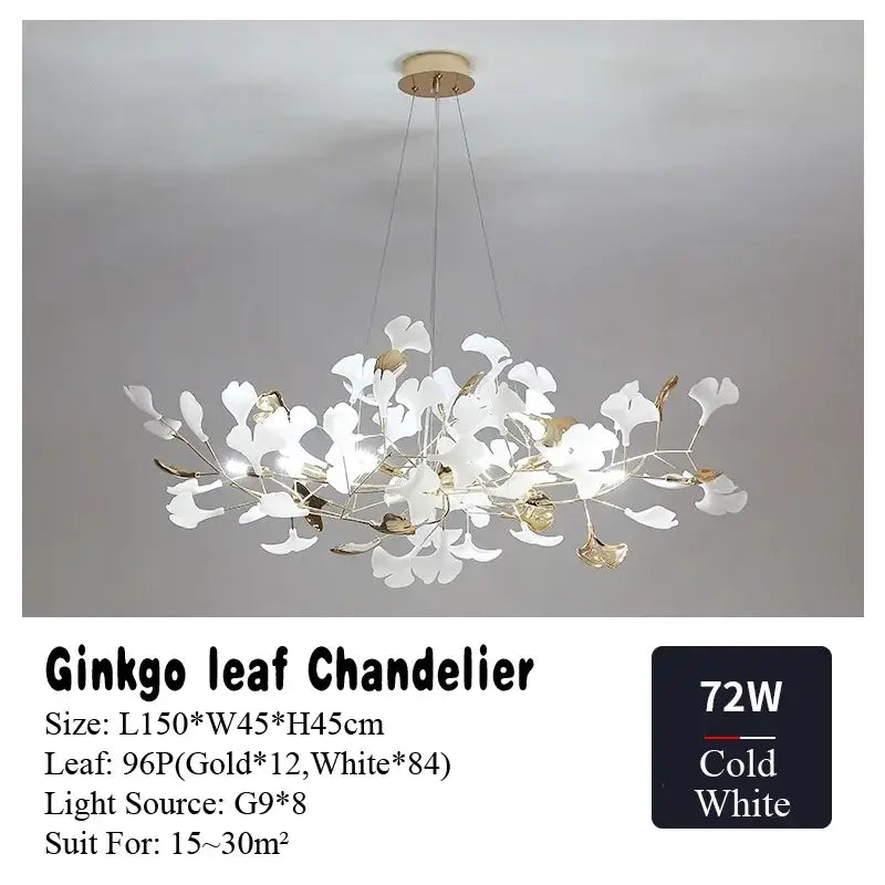 Gold and white ginkgo leaf chandelier for dining room