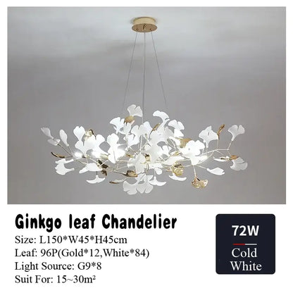 Gold and white ginkgo leaf chandelier for dining room