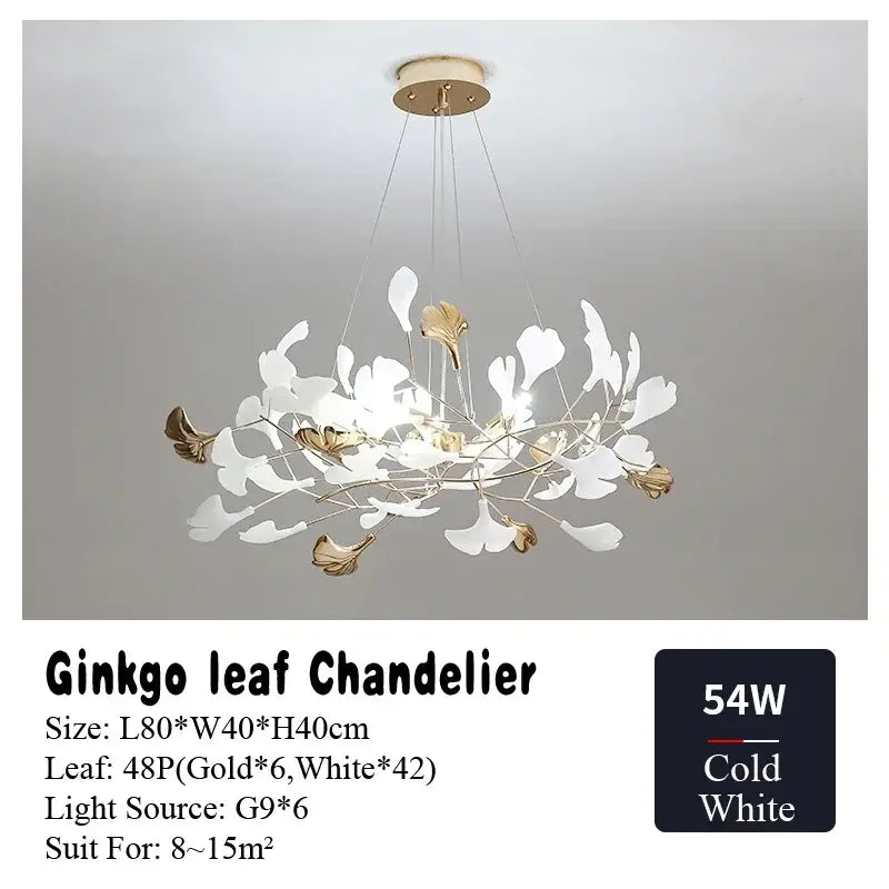Gold and white ginkgo leaf chandelier for dining room