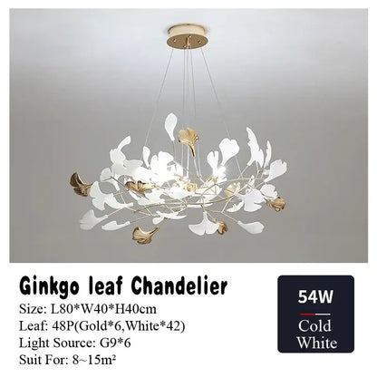 Gold and white ginkgo leaf chandelier for dining room