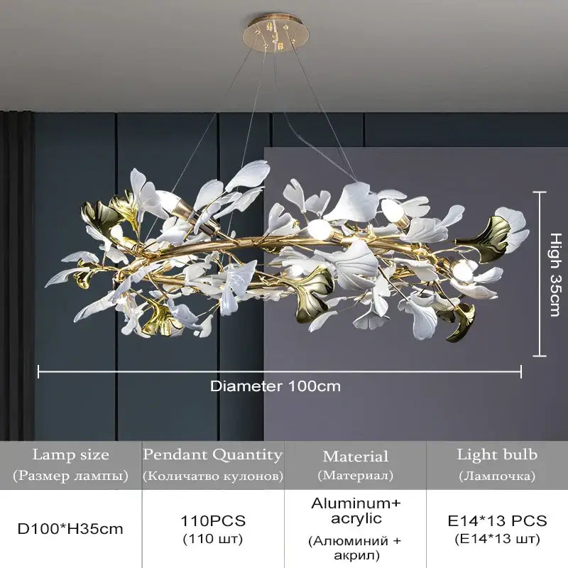 Elegant gold & white ginkgo leaf crystal chandelier living room light
