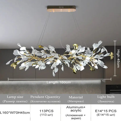 Elegant gold & white ginkgo leaf crystal chandelier living room light