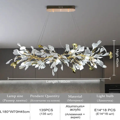 Modern white & gold ginkgo leaf crystal chandelier dining room light