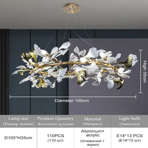 Modern white & gold ginkgo leaf crystal chandelier dining room light