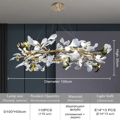 Modern white & gold ginkgo leaf crystal chandelier dining room light