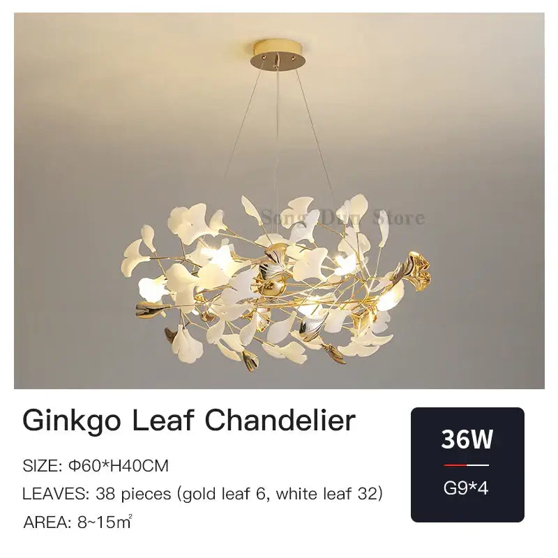 Modern gold ginkgo leaf decor chandelier living room art light