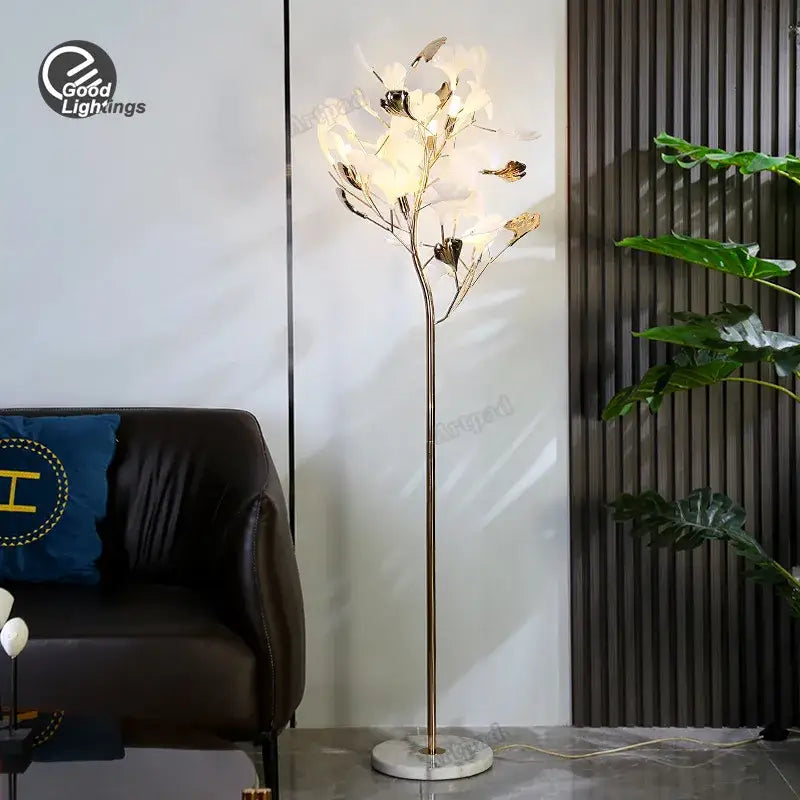 Modern gold ginkgo leaf floor lamp for living room blossom light