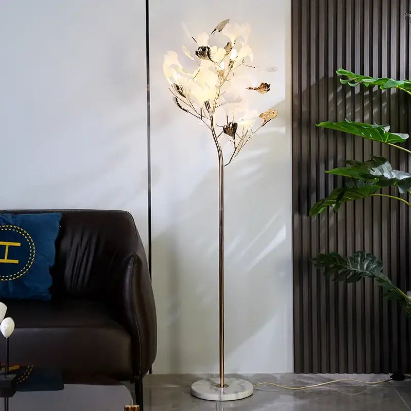 Modern gold ginkgo leaf floor lamp for living room blossom light