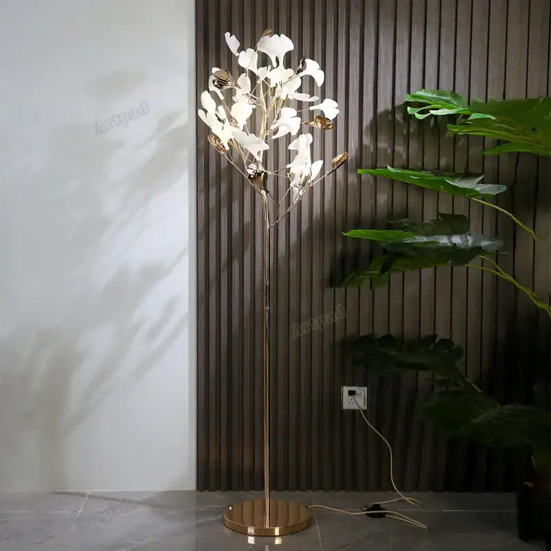 Modern gold ginkgo leaf floor lamp for living room blossom light