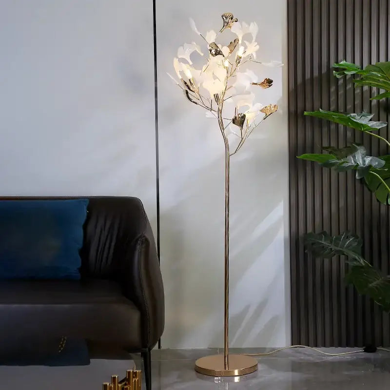 Modern gold ginkgo leaf floor lamp for living room blossom light