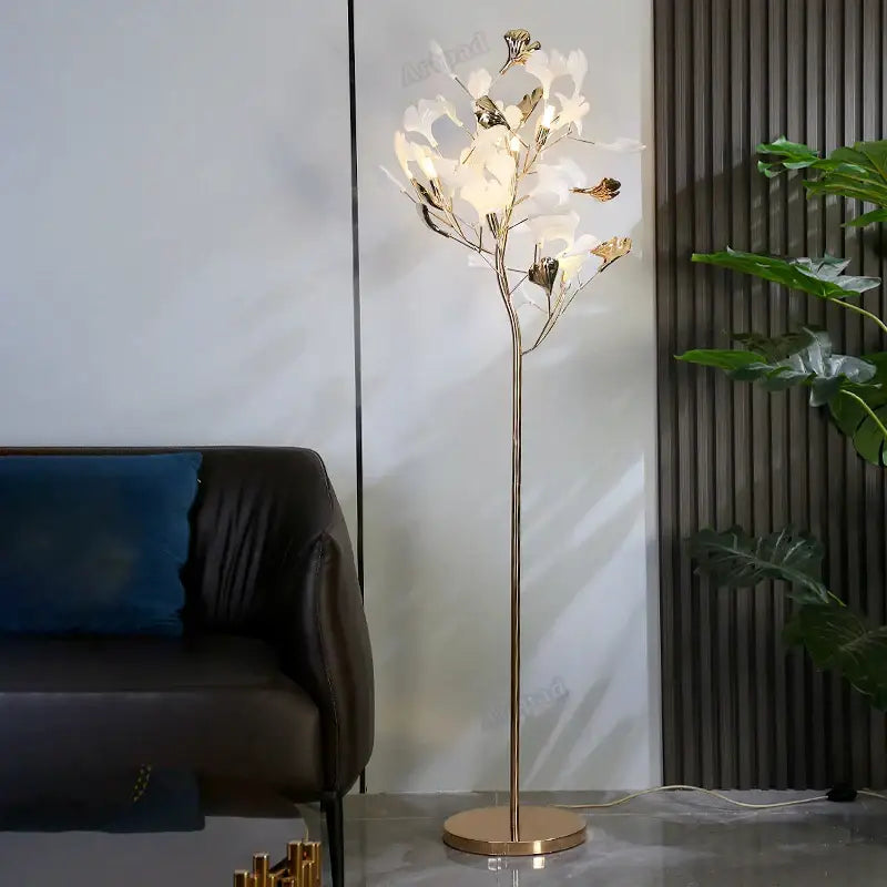 Modern gold ginkgo leaf floor lamp for living room blossom light