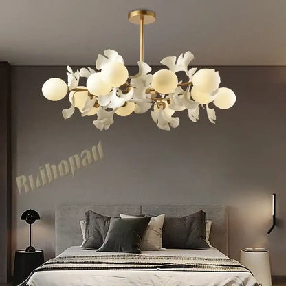 White ceramic flower ginkgo leaf led ceiling chandelier dining room