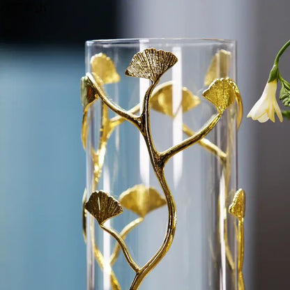 Modern gold ginkgo leaf metal flower vase living room decor accent