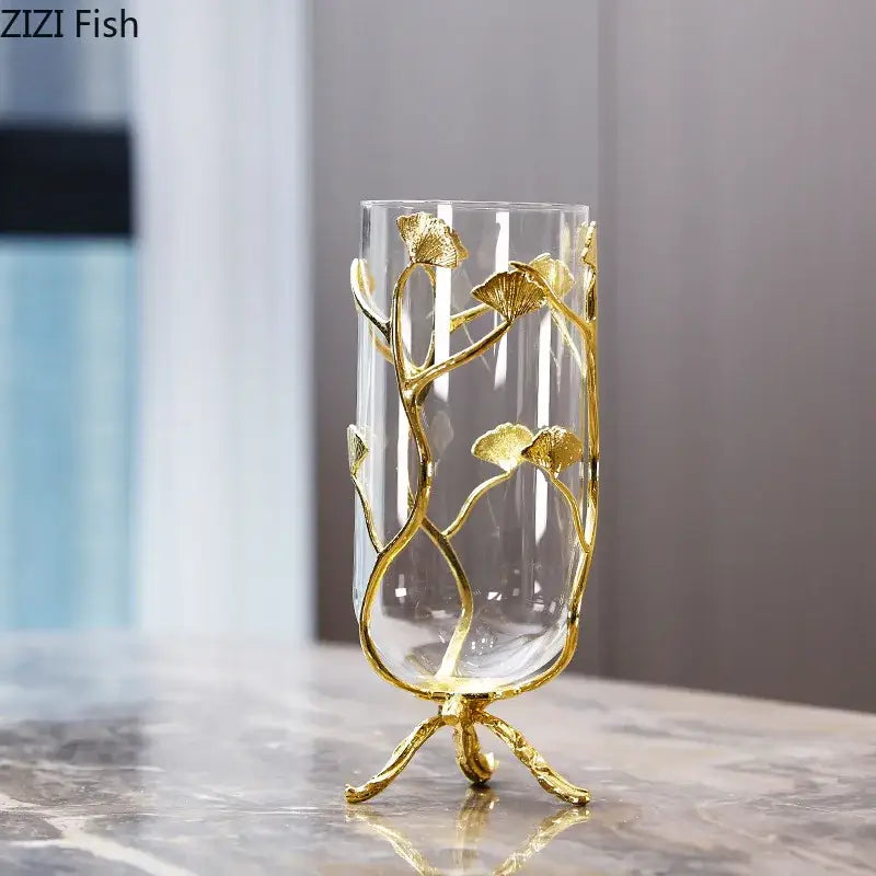 Modern gold ginkgo leaf metal flower vase living room decor accent