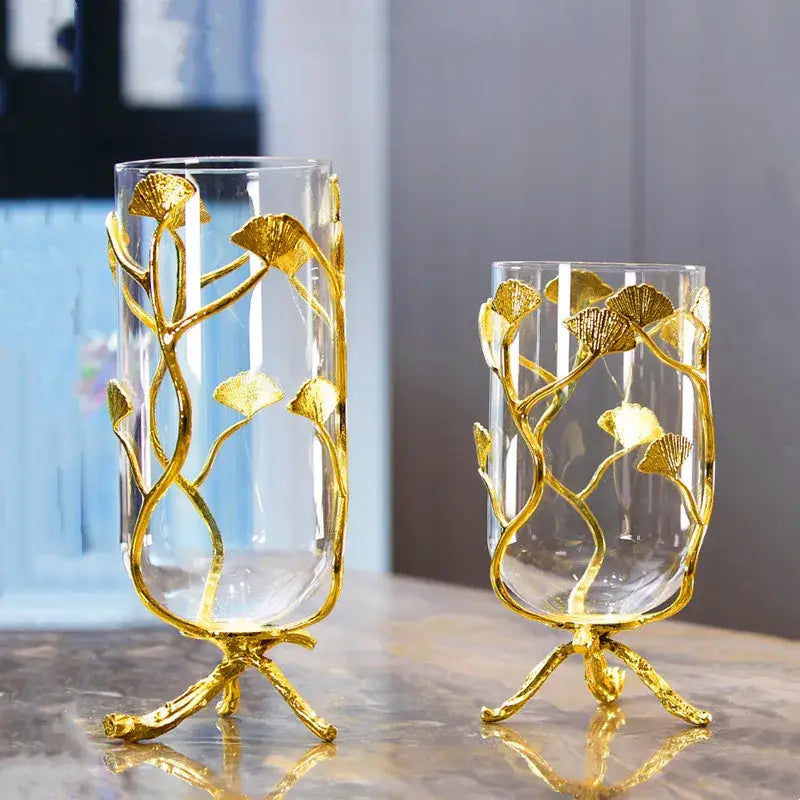 Modern gold ginkgo leaf metal flower vase living room decor accent