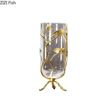 Modern gold ginkgo leaf metal flower vase living room decor accent