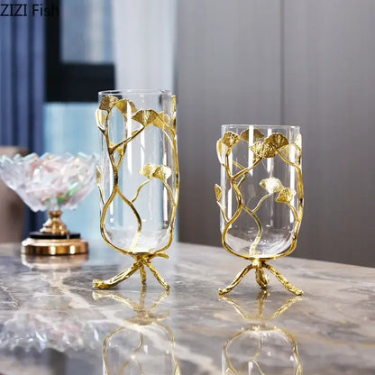 Modern gold ginkgo leaf metal flower vase living room decor accent