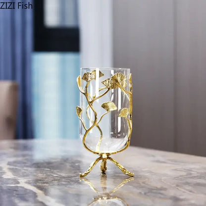 Modern gold ginkgo leaf metal flower vase living room decor accent