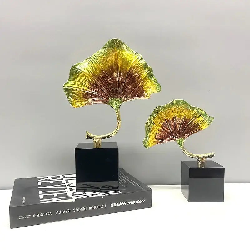 Iridescent gold & green ginkgo leaf metal sculpture living room decor
